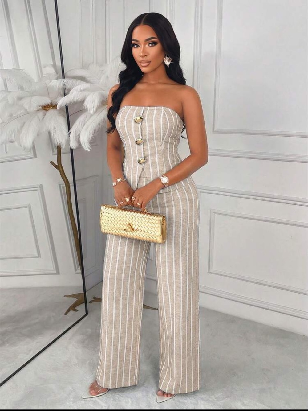 Strapless Beige Linen-Blend Wide Leg 2 Piece Set